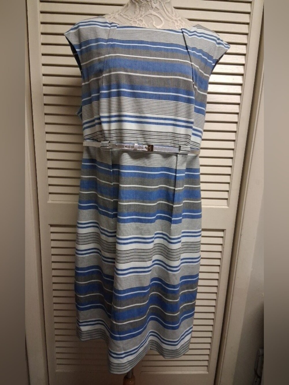 Calvin Klein Blue,White, & Gray Striped City, Beach,Dress with Logo Belt Sz 16W